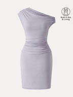 Soft Cotton Lyocell Ruched Asymmetrical Shoulder Mini Bra Dress