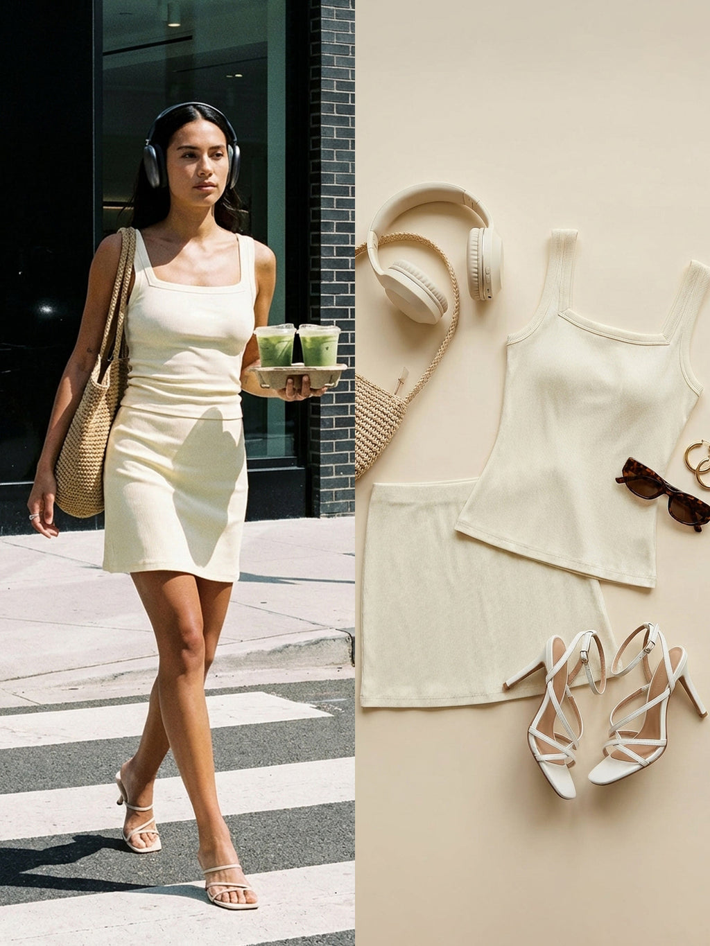 2Pcs Set Square Open-Back Bra Tank & A-line Mini Skirt with Built-in Shorts