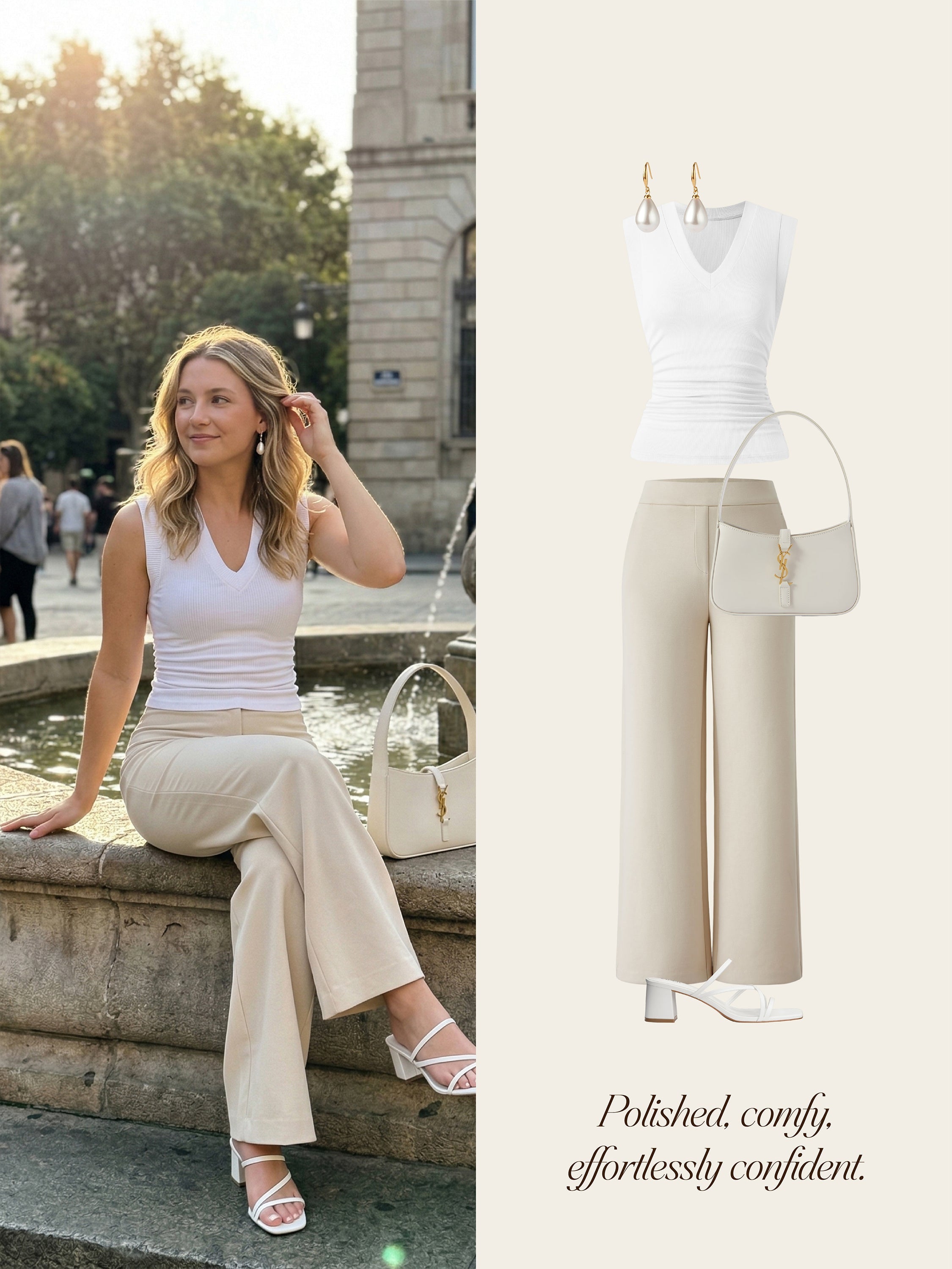 2Pcs Set V-neck Bra Top & Mid Rise Straight Pant with Pockets