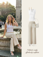 2Pcs Set V-neck Bra Top & Mid Rise Straight Pant with Pockets