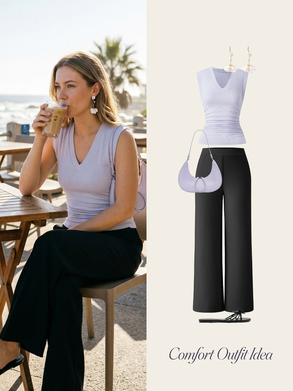 2Pcs Set V-neck Bra Top & Mid Rise Straight Pant with Pockets