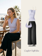 2Pcs Set V-neck Bra Top & Mid Rise Straight Pant with Pockets