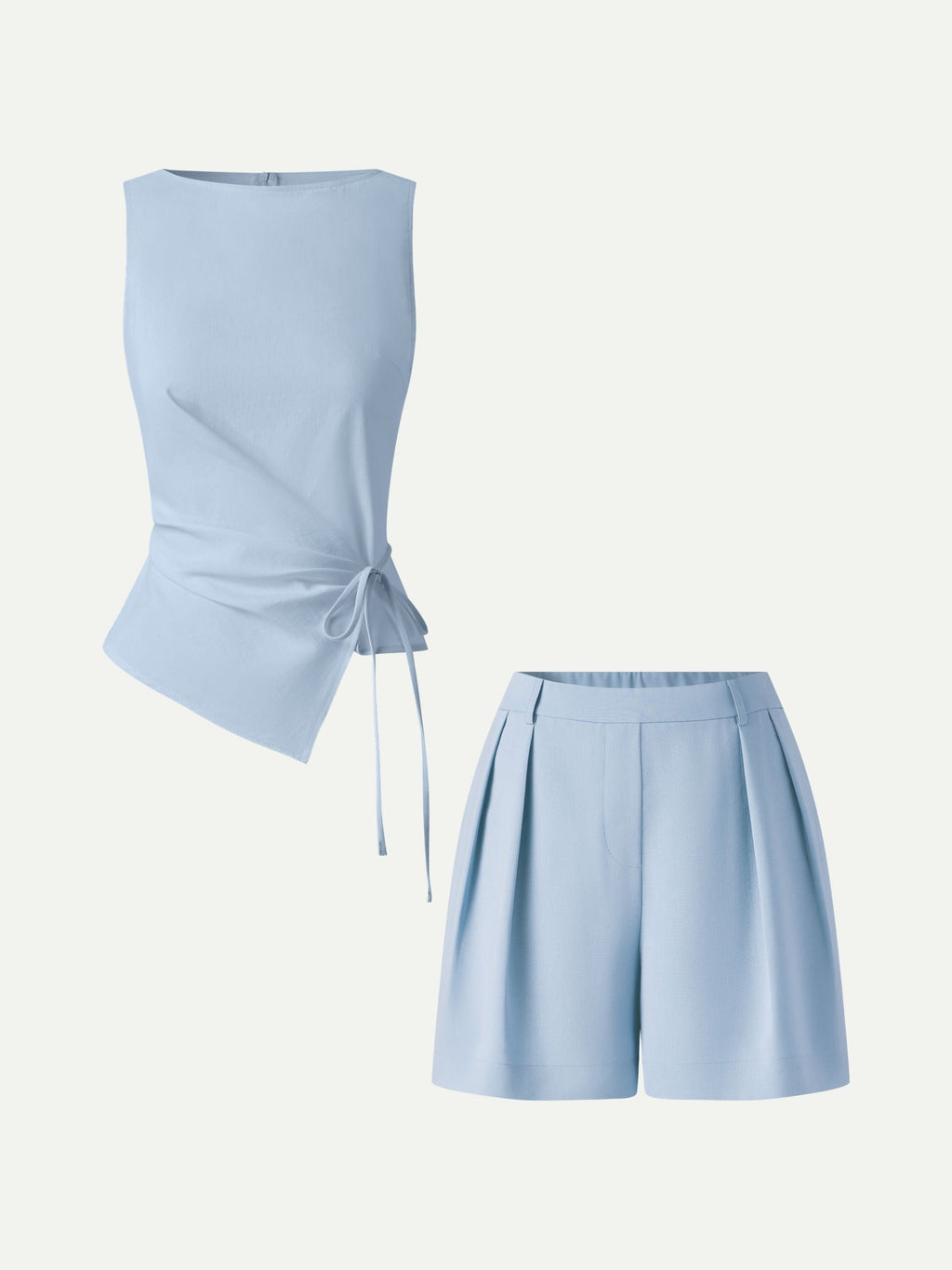 2Pcs Set Boatneck Waist-Defined Top & Tailored Shorts with Pockets