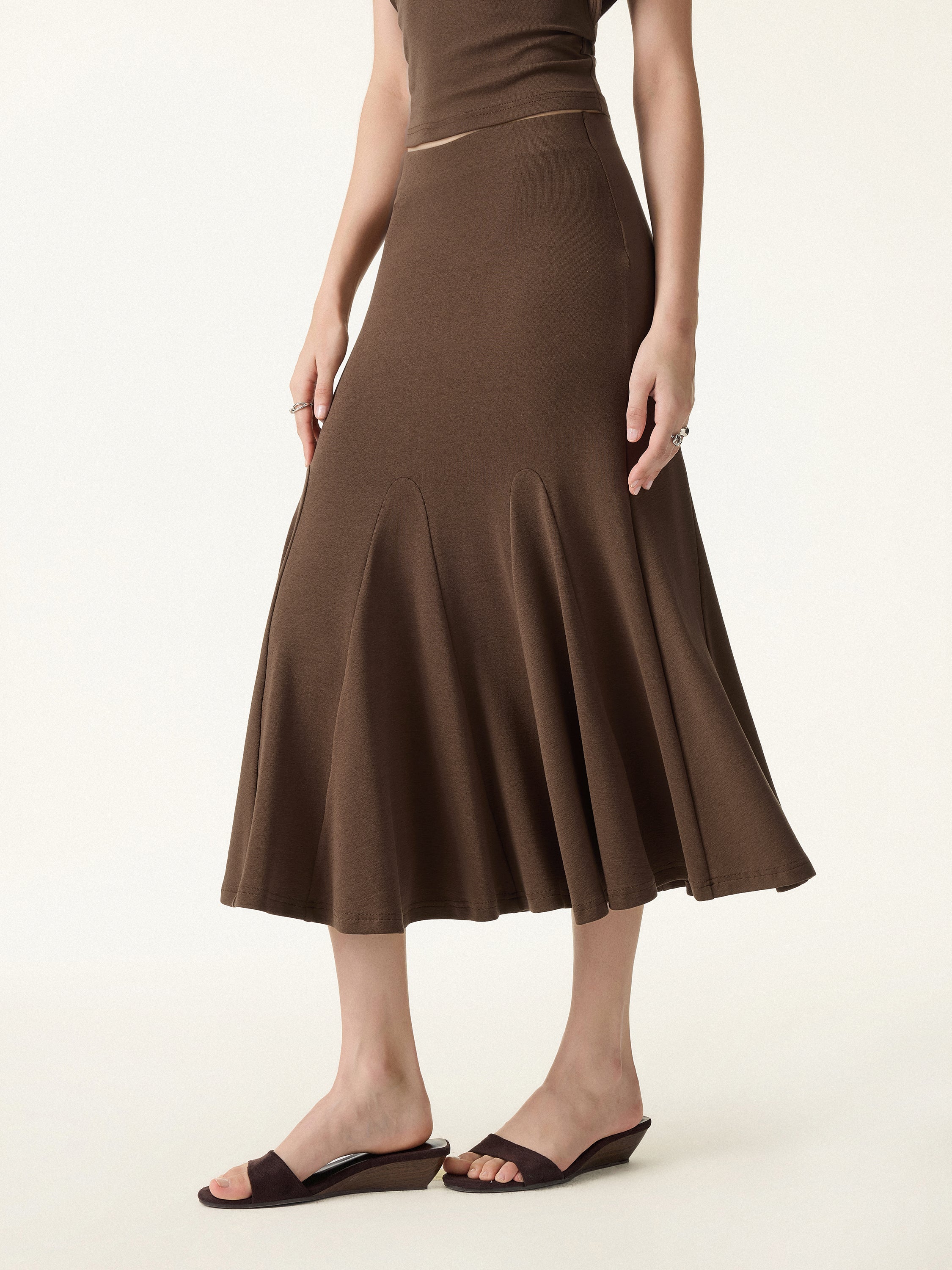 2Pcs Set Cotton Lyocell V-Neck Summer Tee & Flowy Flared Midi Skirt