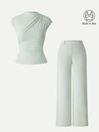 2Pcs Set Mockneck Cropped Bra Top & Slimming High Rise Wide Leg Pant
