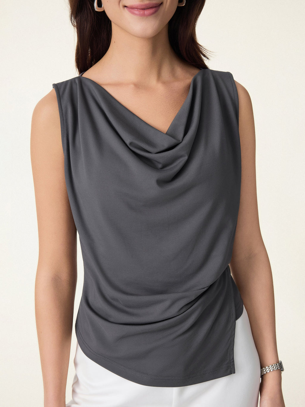 2Pcs Set Cowl Asymmetrical Tucked Top & Wide Leg Pant with Pockets