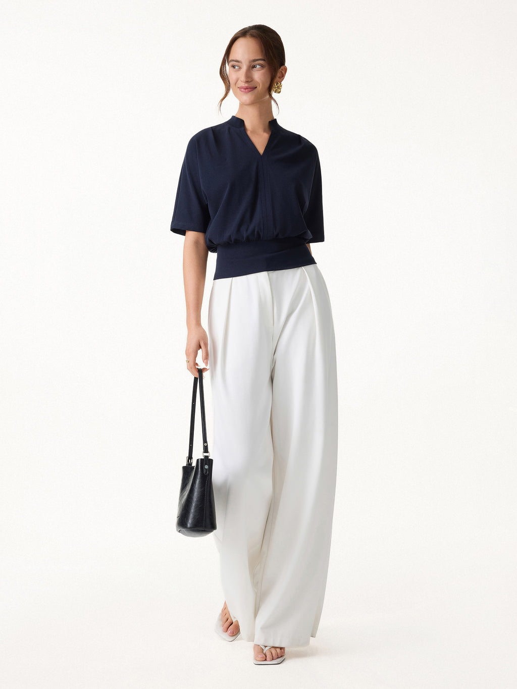 2Pcs Set Stand Collar V-Neck Top & Wrinkle-Resistant Tapered Pant