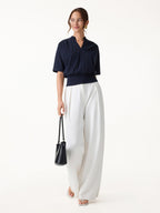 2Pcs Set Stand Collar V-Neck Top & Wrinkle-Resistant Tapered Pant