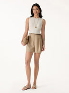 2Pcs Set Pleated Self-Tie Top & Tailored Shorts with Pockets