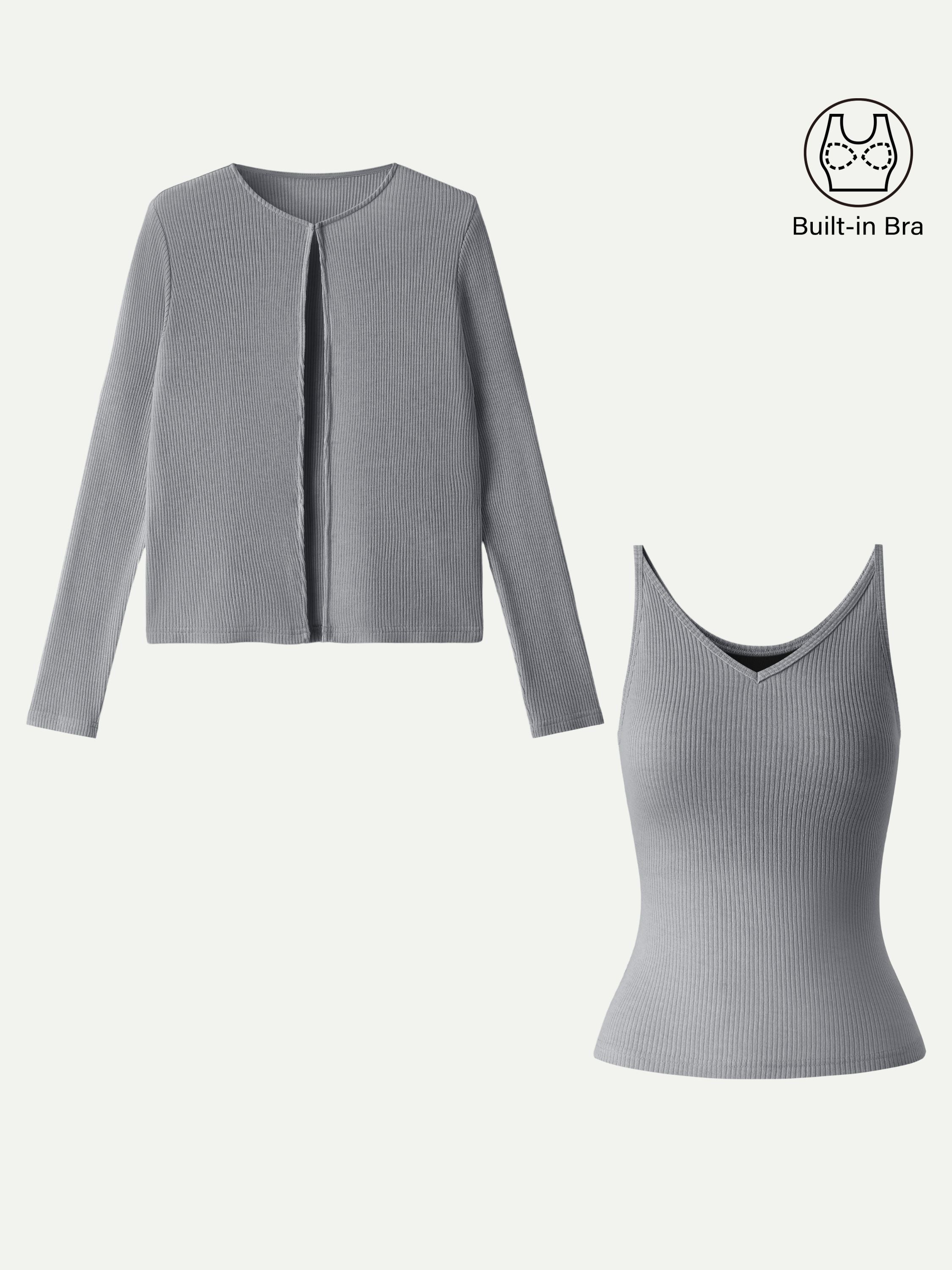2Pcs Set V-Neck Spaghetti Bra Tank & Knit Relaxed Long Sleeve Cardigan