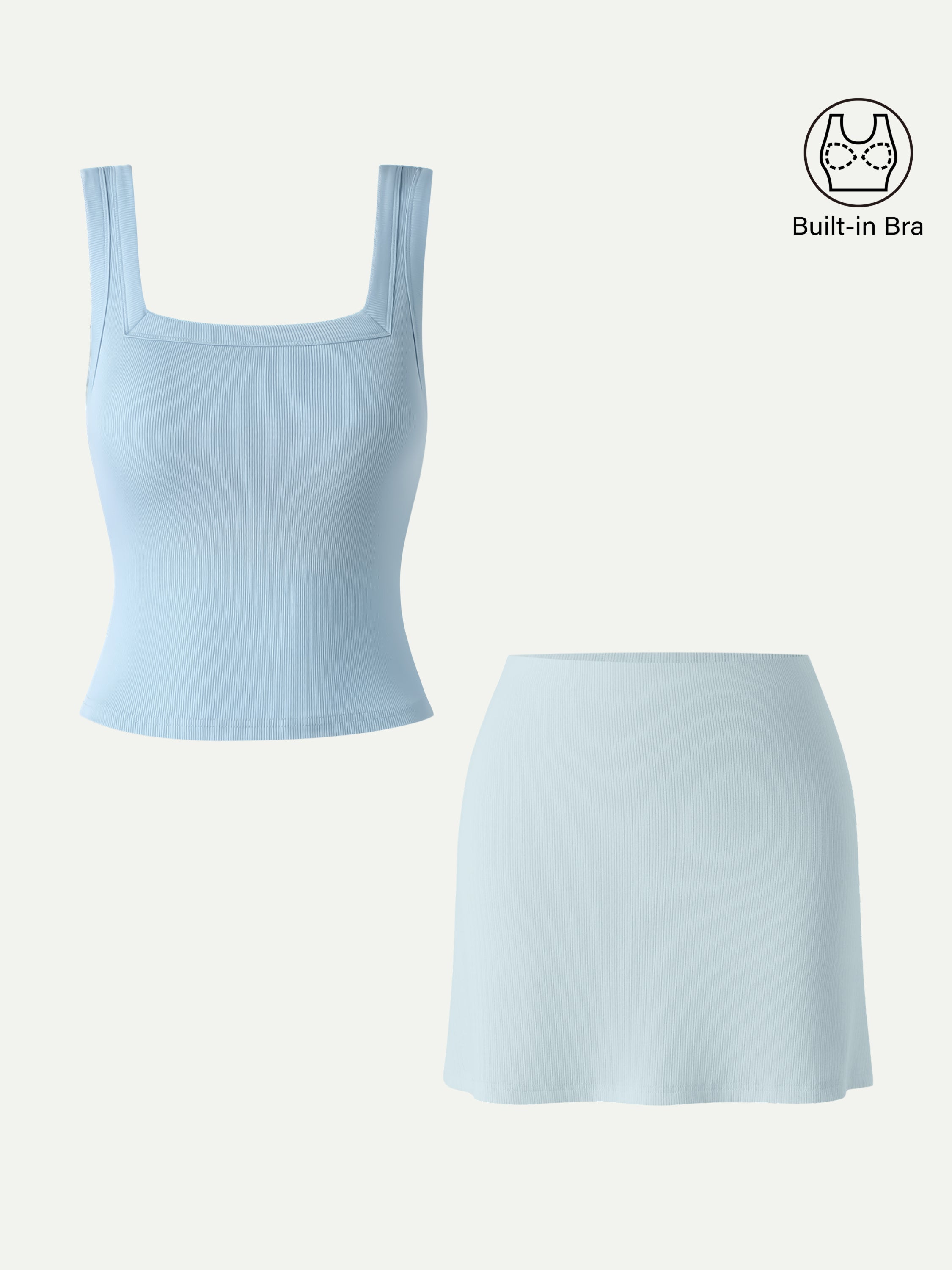2Pcs Set Square Open-Back Bra Tank & A-line Mini Skirt with Built-in Shorts