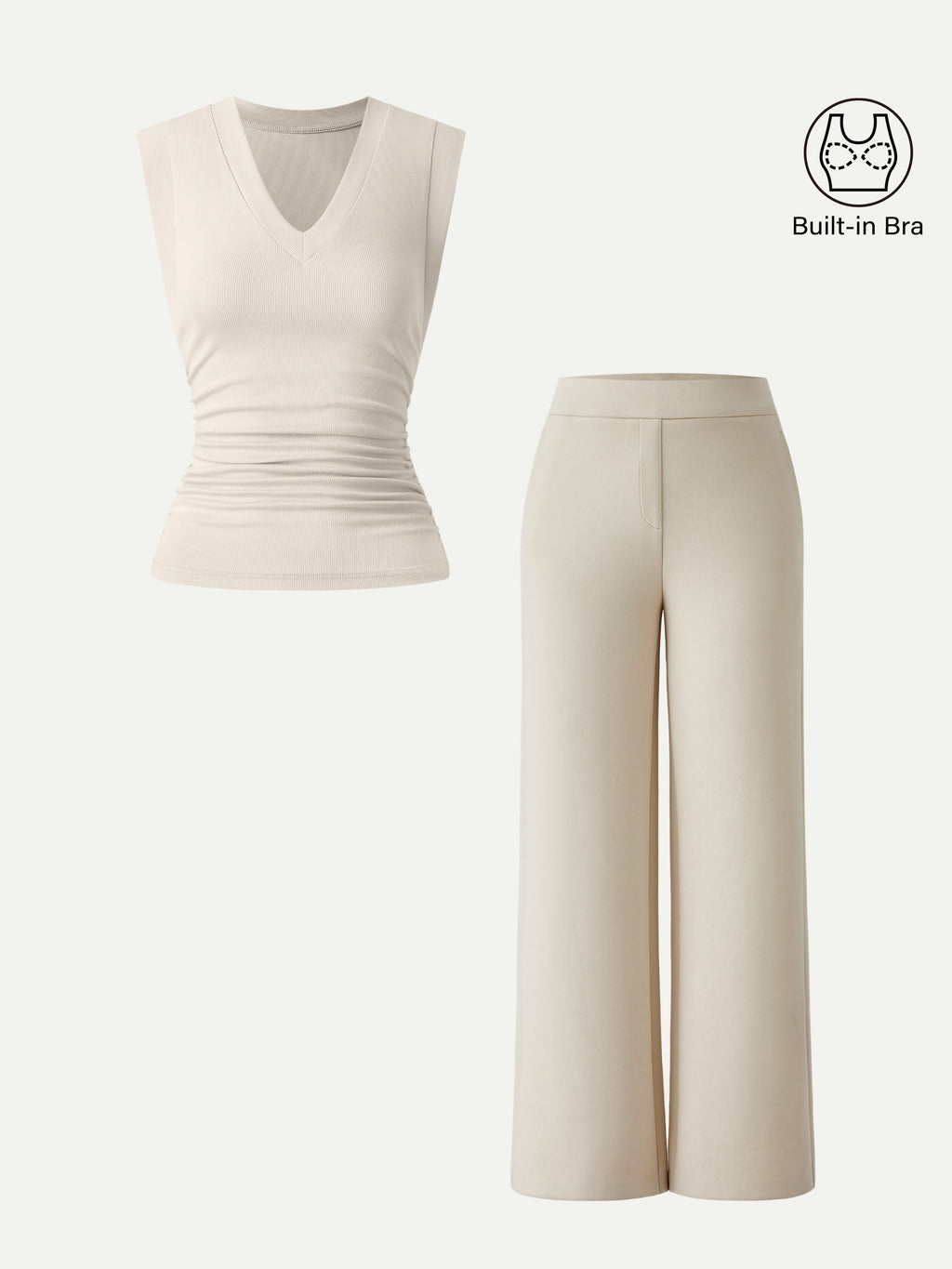 2Pcs Set V-neck Bra Top & Mid Rise Straight Pant with Pockets
