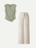 2Pcs Set Tucked Angled Tank & Mid Rise Wide Leg Trousers