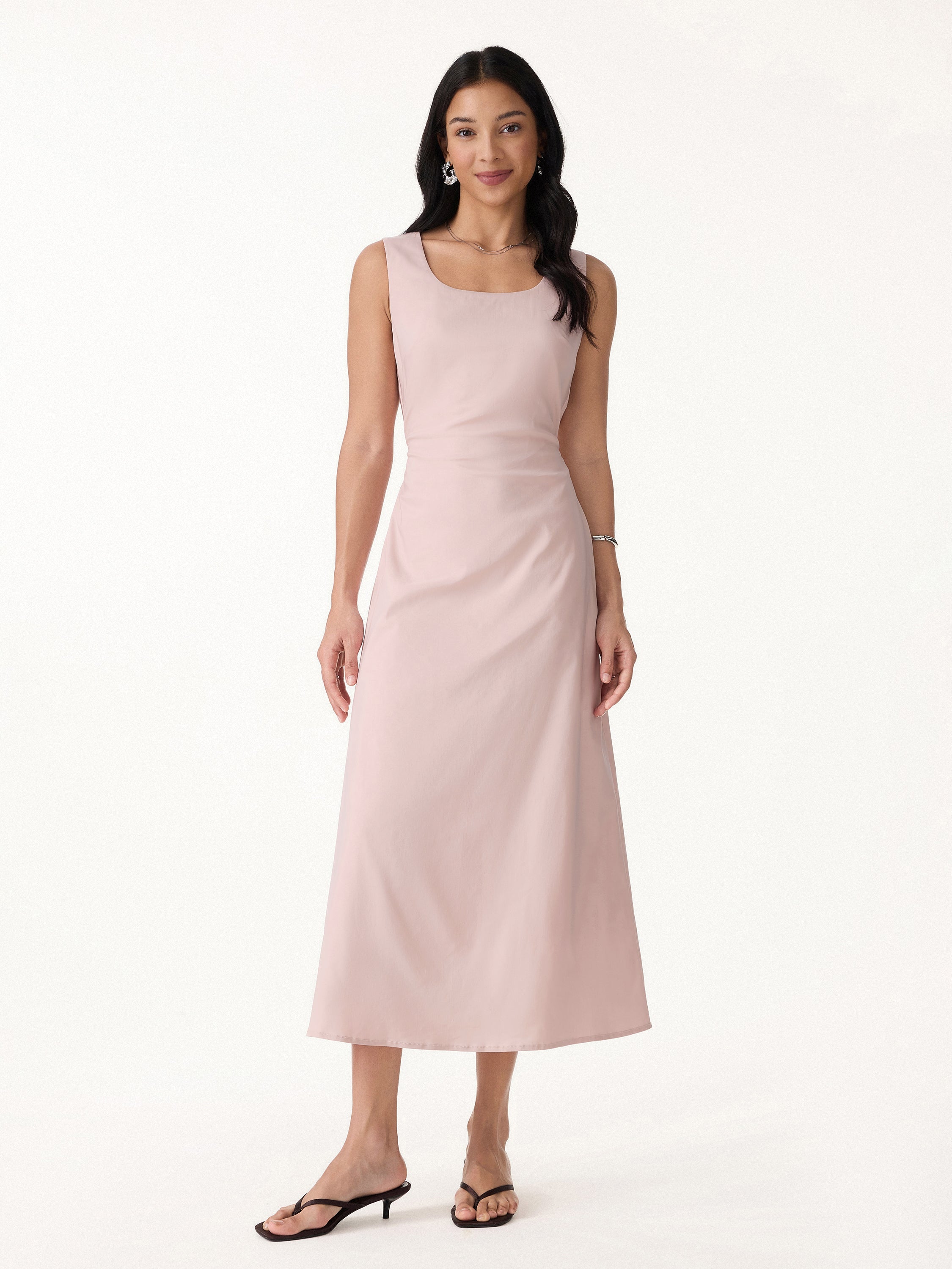 Wrinkle-Resistant Linen Blend U-Neck Maxi Dress with Pockets