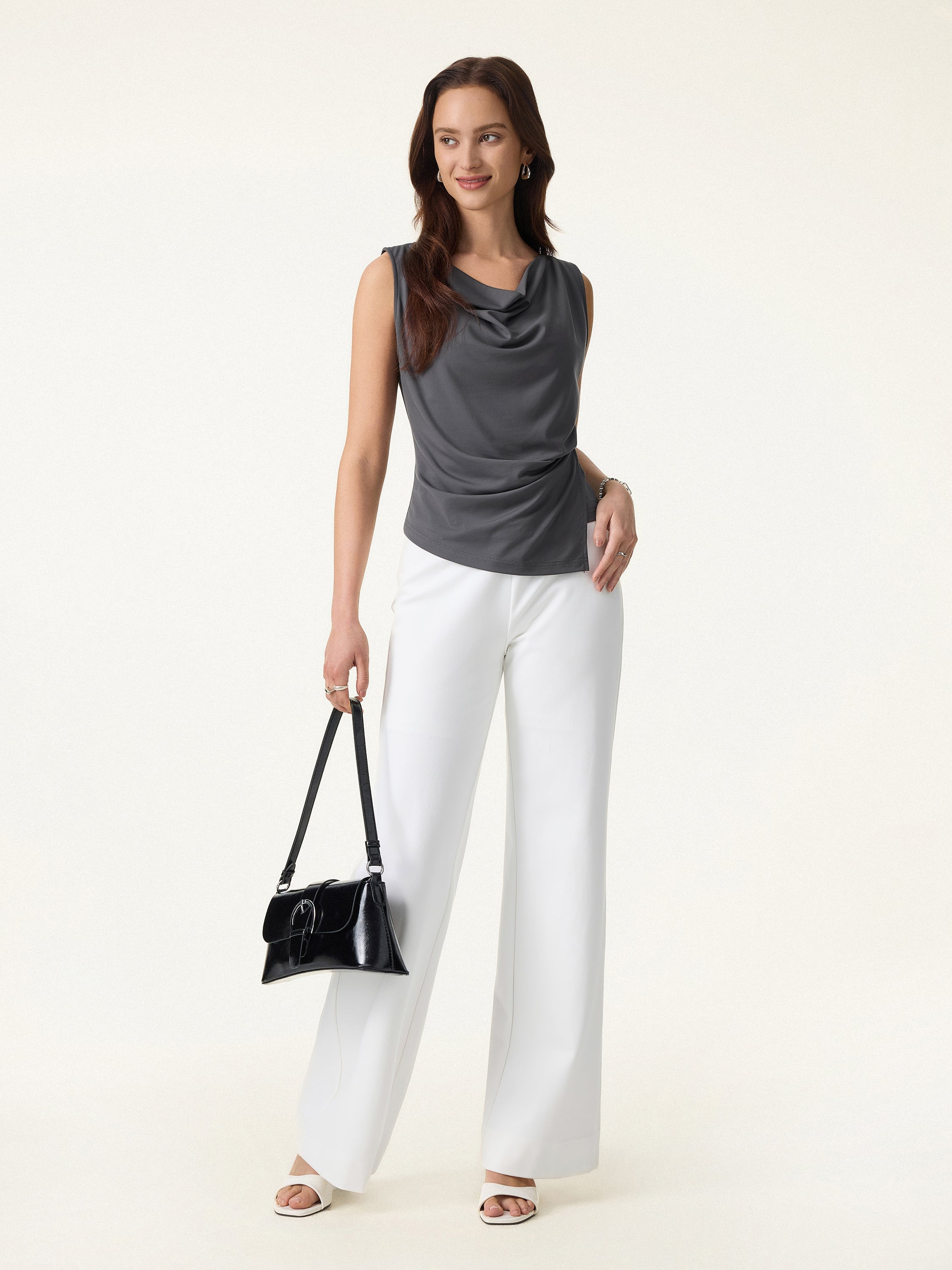 2Pcs Set Cowl Asymmetrical Tucked Top & Wide Leg Pant with Pockets