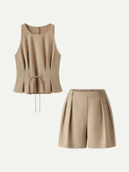 2Pcs Set Pleated Self-Tie Top & Tailored Shorts with Pockets
