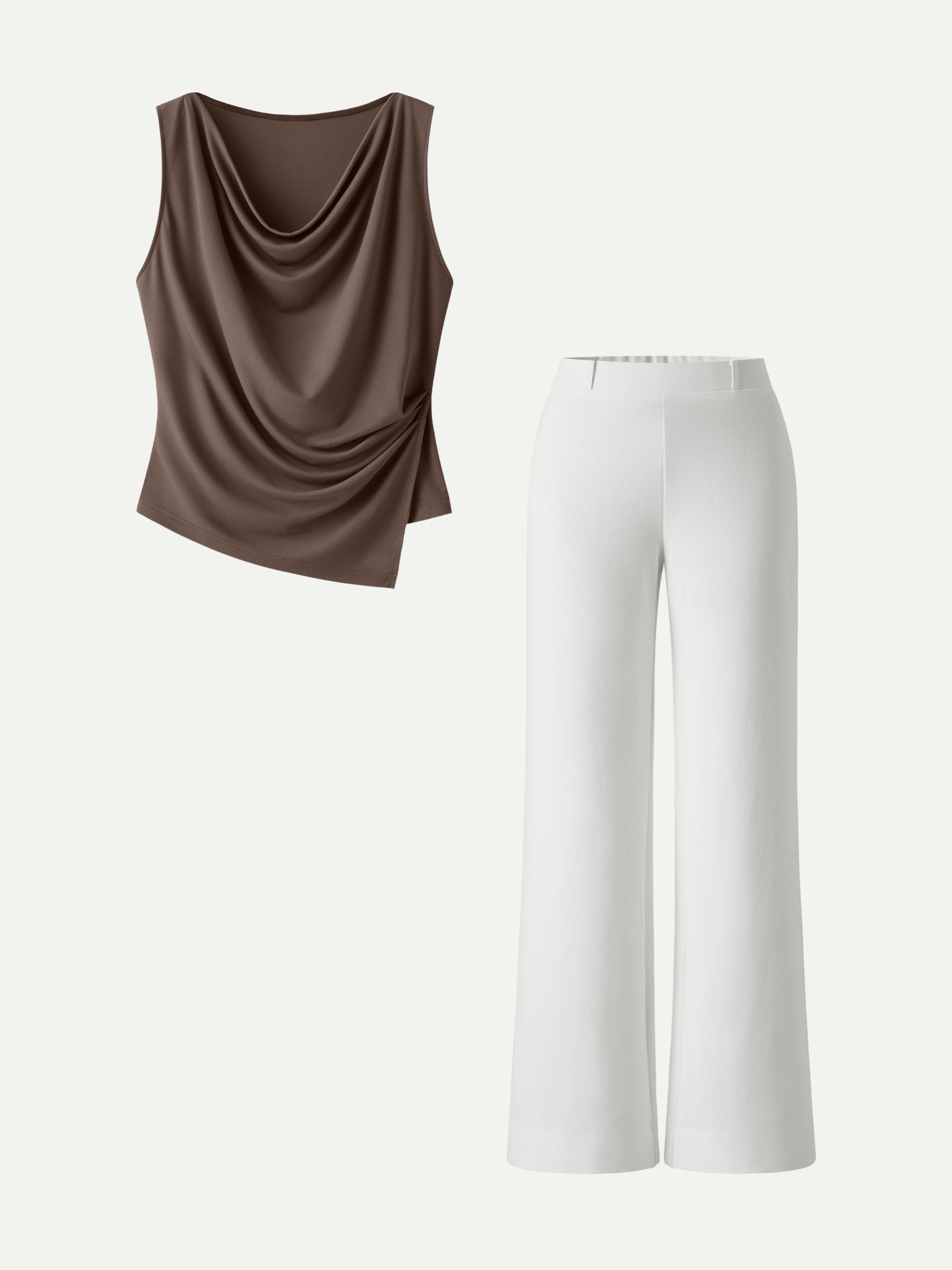2Pcs Set Cowl Asymmetrical Tucked Top & Wide Leg Pant with Pockets