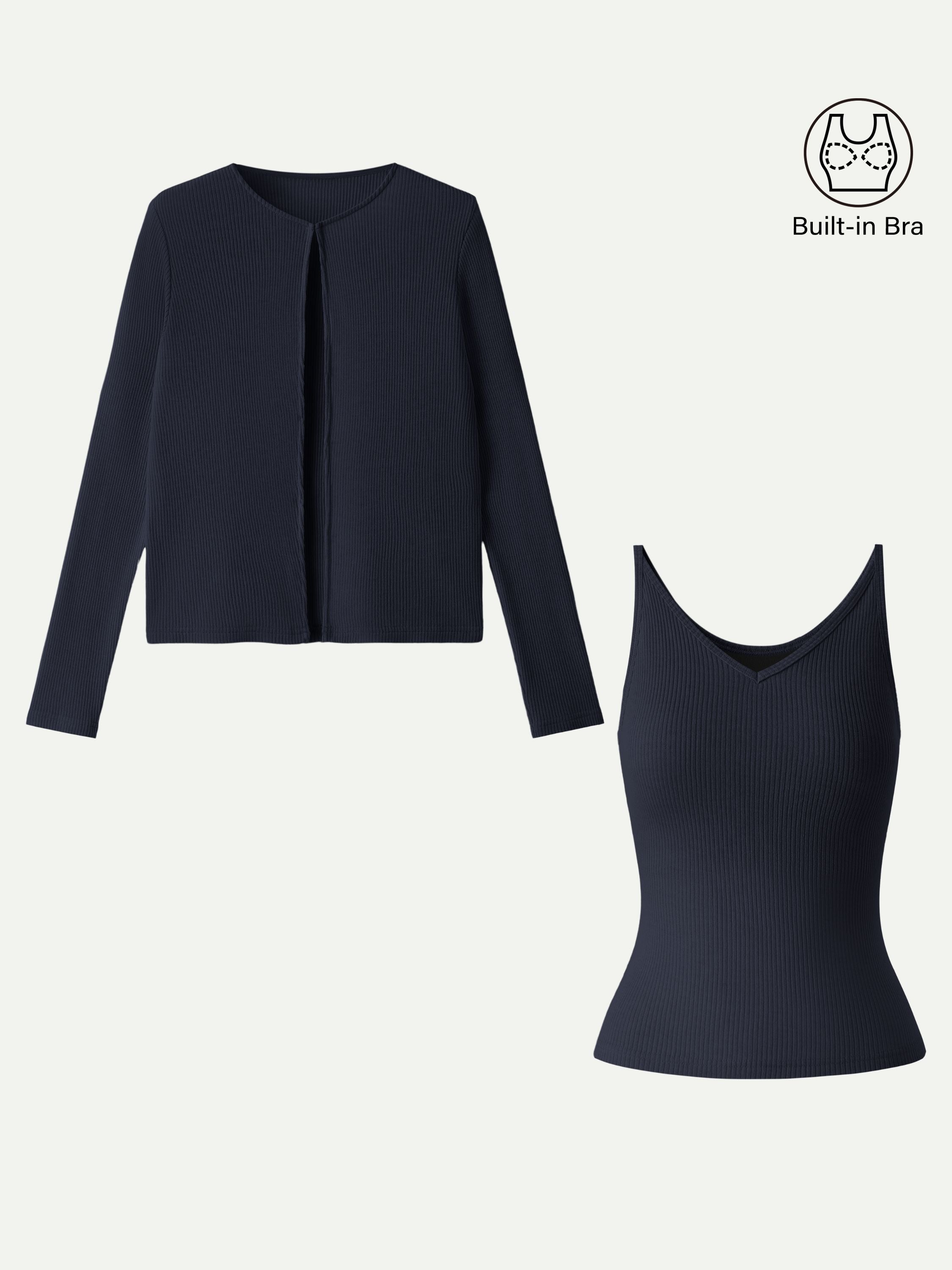 2Pcs Set V-Neck Spaghetti Bra Tank & Knit Relaxed Long Sleeve Cardigan