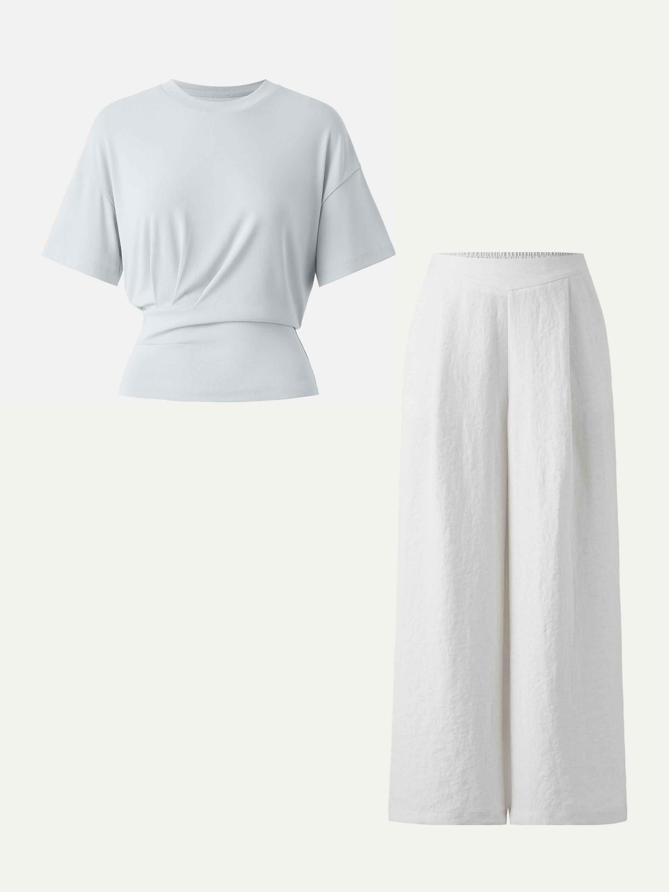 2Pcs Set Crewneck Tee & Mid Rise Wide Leg Pant with Pockets