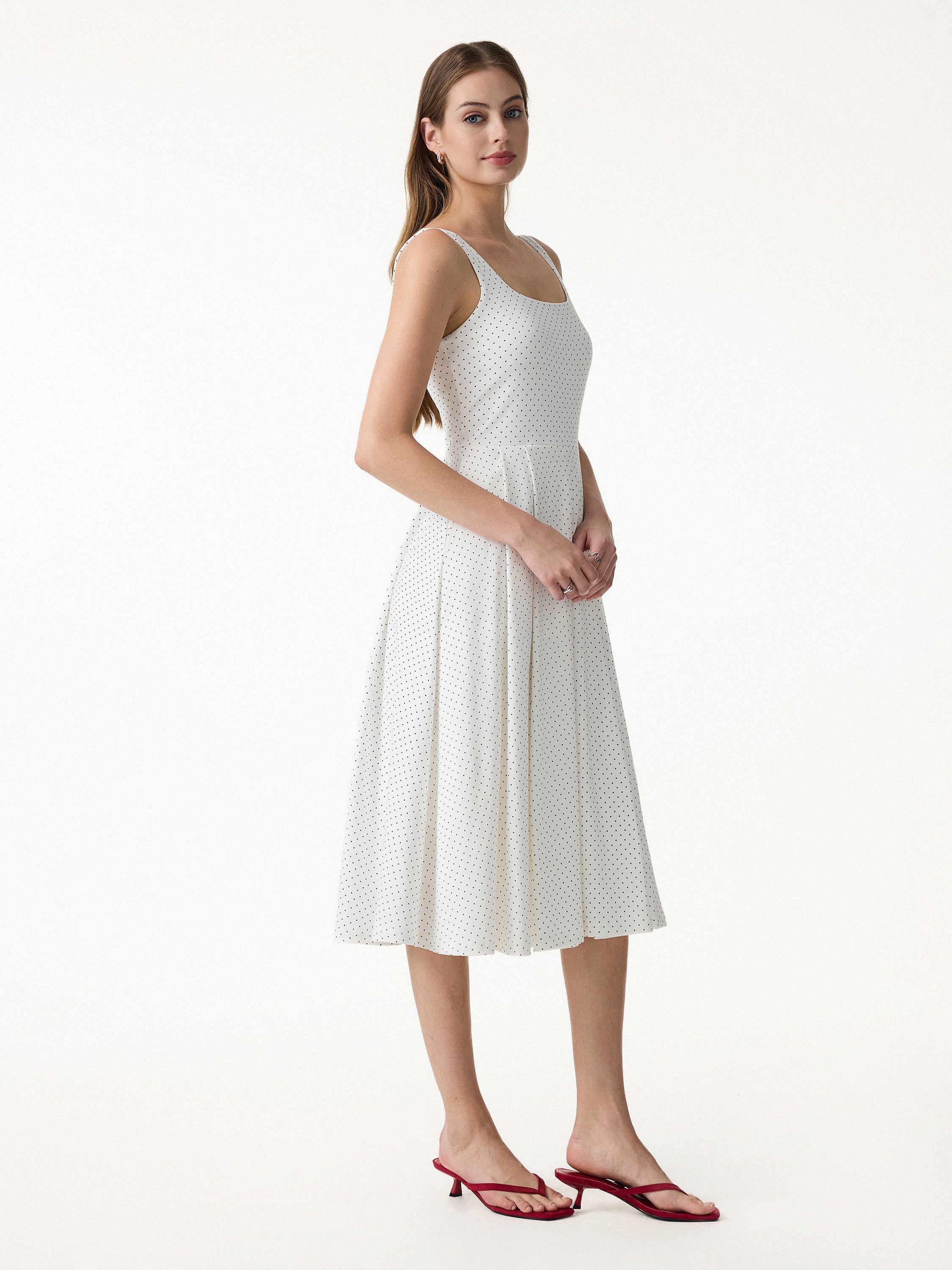 Stretch Cotton Polka Dot Square Neck Midi Bra Dress with Pockets Limited Edition