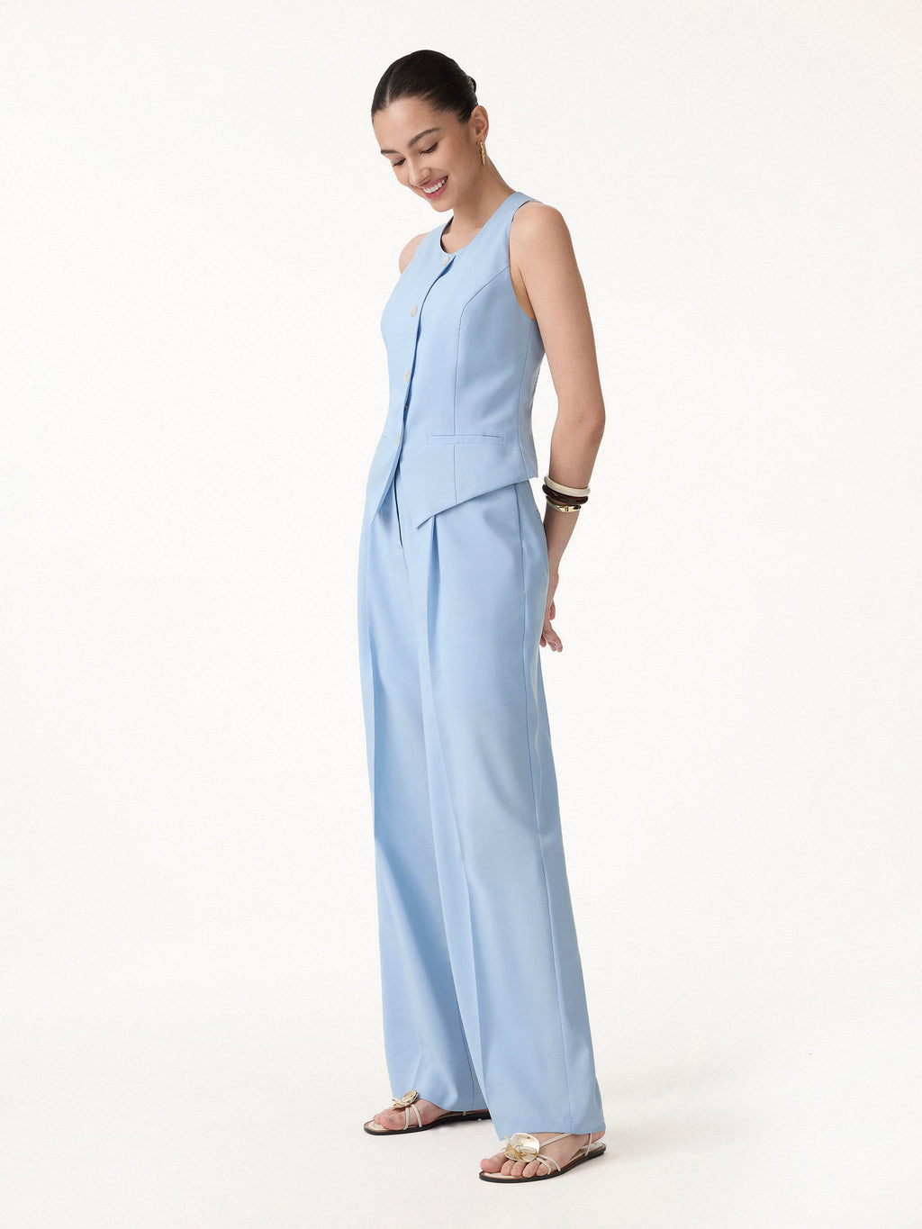 2Pcs Set Waistcoat with Pockets & Wide Leg Pant