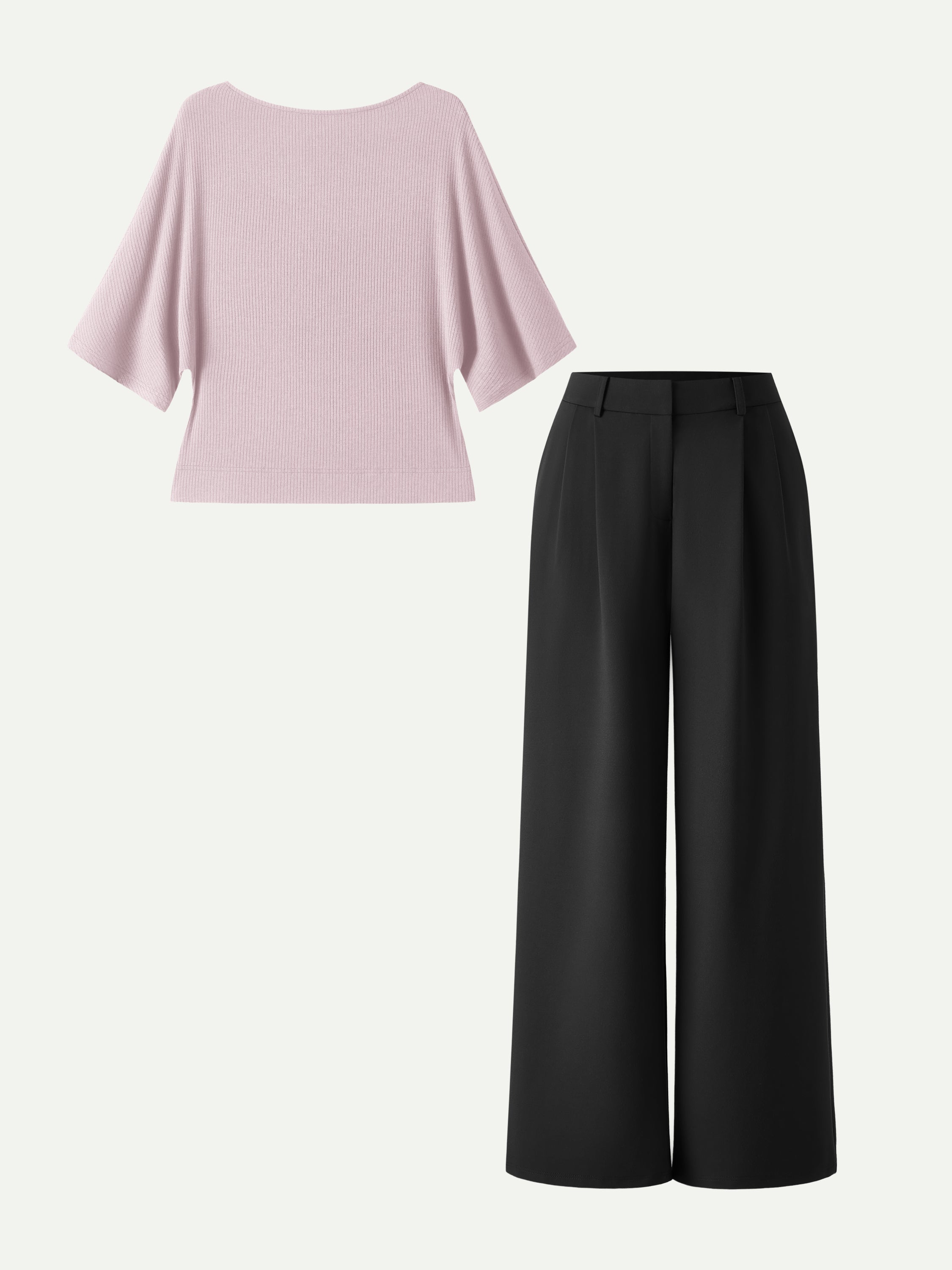 2Pcs Set Boatneck Relaxed Top & Wide Leg Pant with Pockets