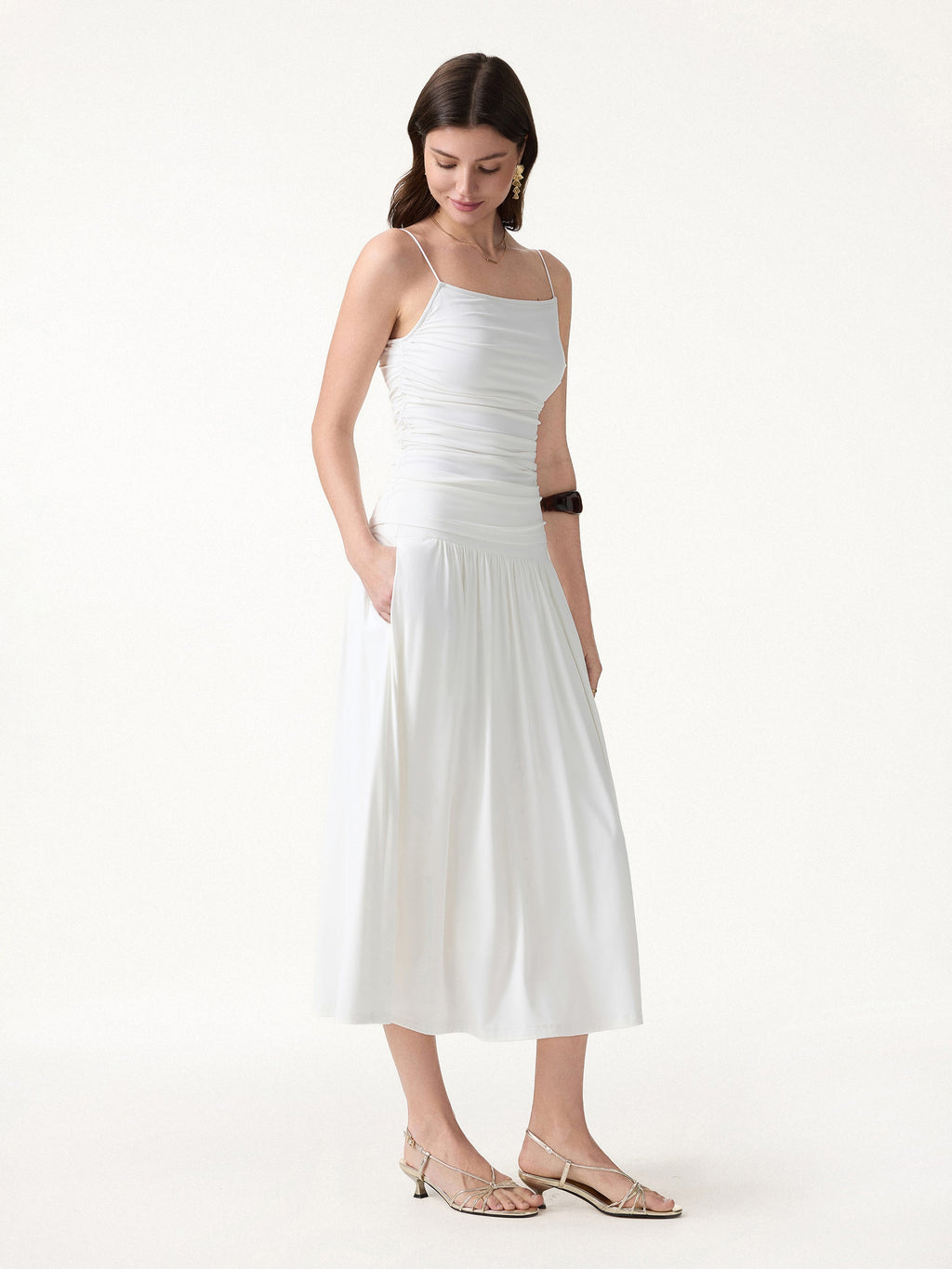 2Pcs Set Spaghetti Bra Top & Mid Rise Gathered Midi Skirt with Pockets