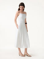 2Pcs Set Spaghetti Bra Top & Mid Rise Gathered Midi Skirt with Pockets