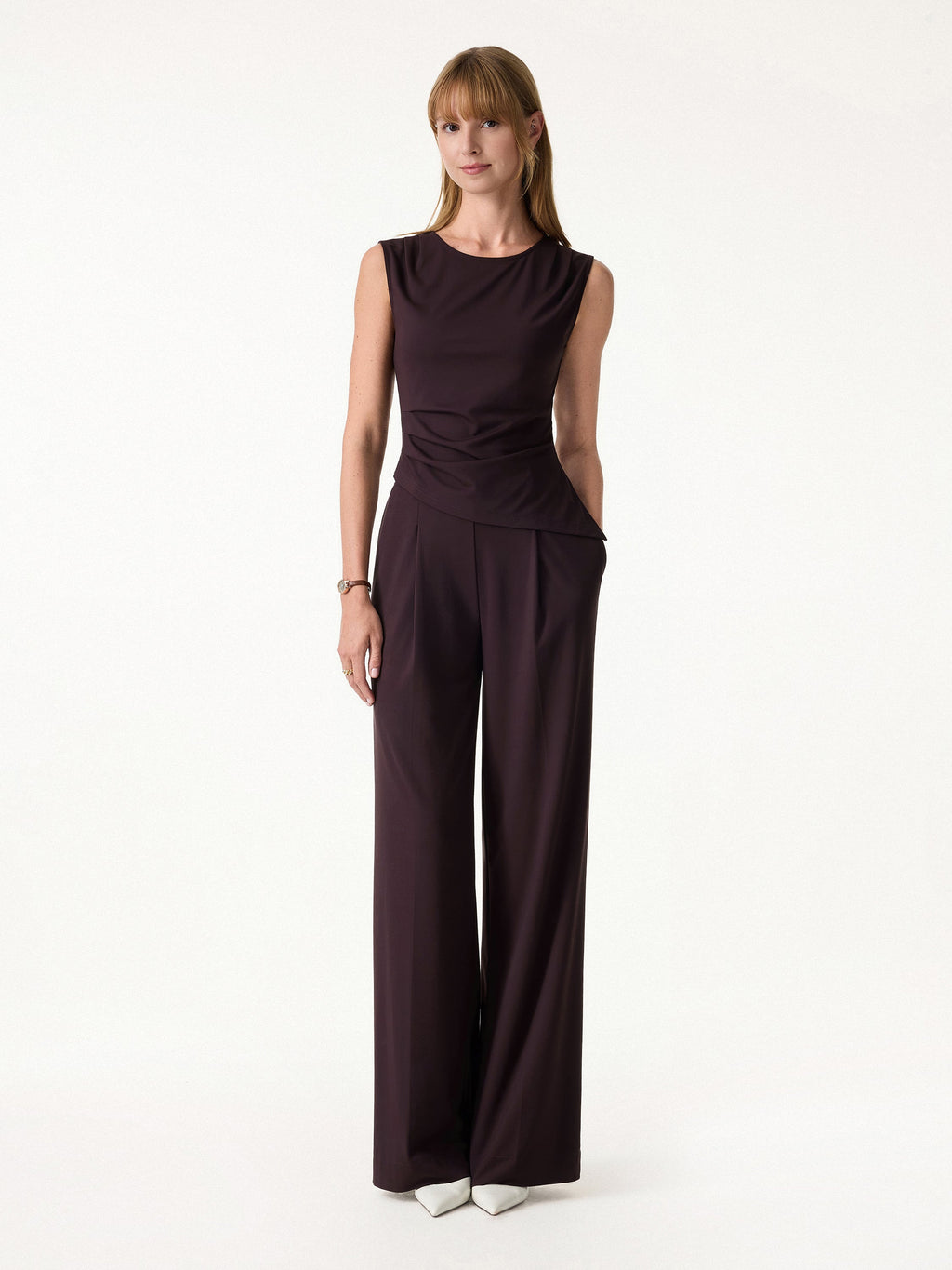 2Pcs Set Tucked Asymmetrical Hem Top & High Rise Wide Leg Pant