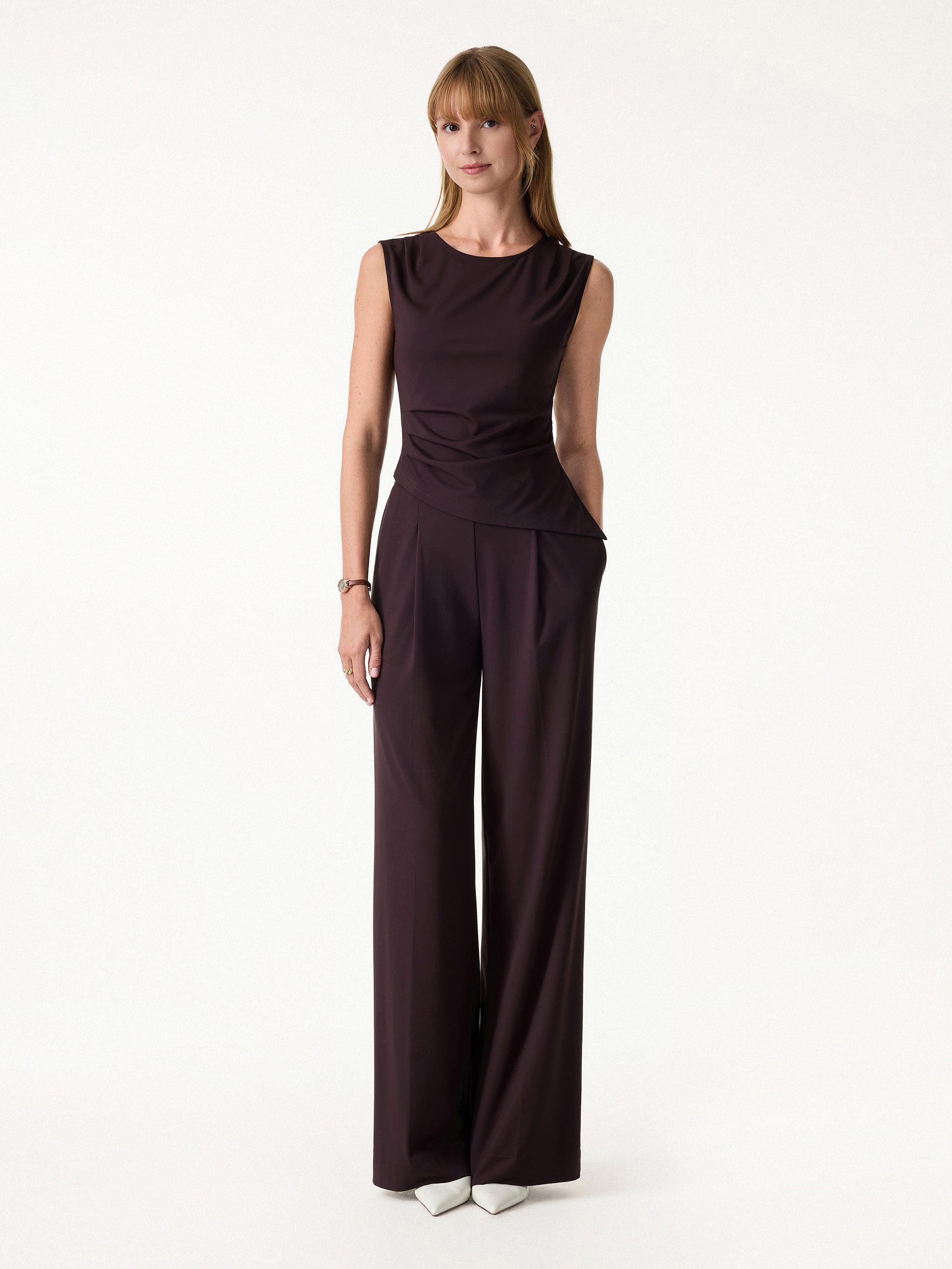 2Pcs Set Tucked Asymmetrical Hem Top & High Rise Wide Leg Pant