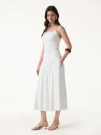 2Pcs Set Spaghetti Bra Top & Mid Rise Gathered Midi Skirt with Pockets
