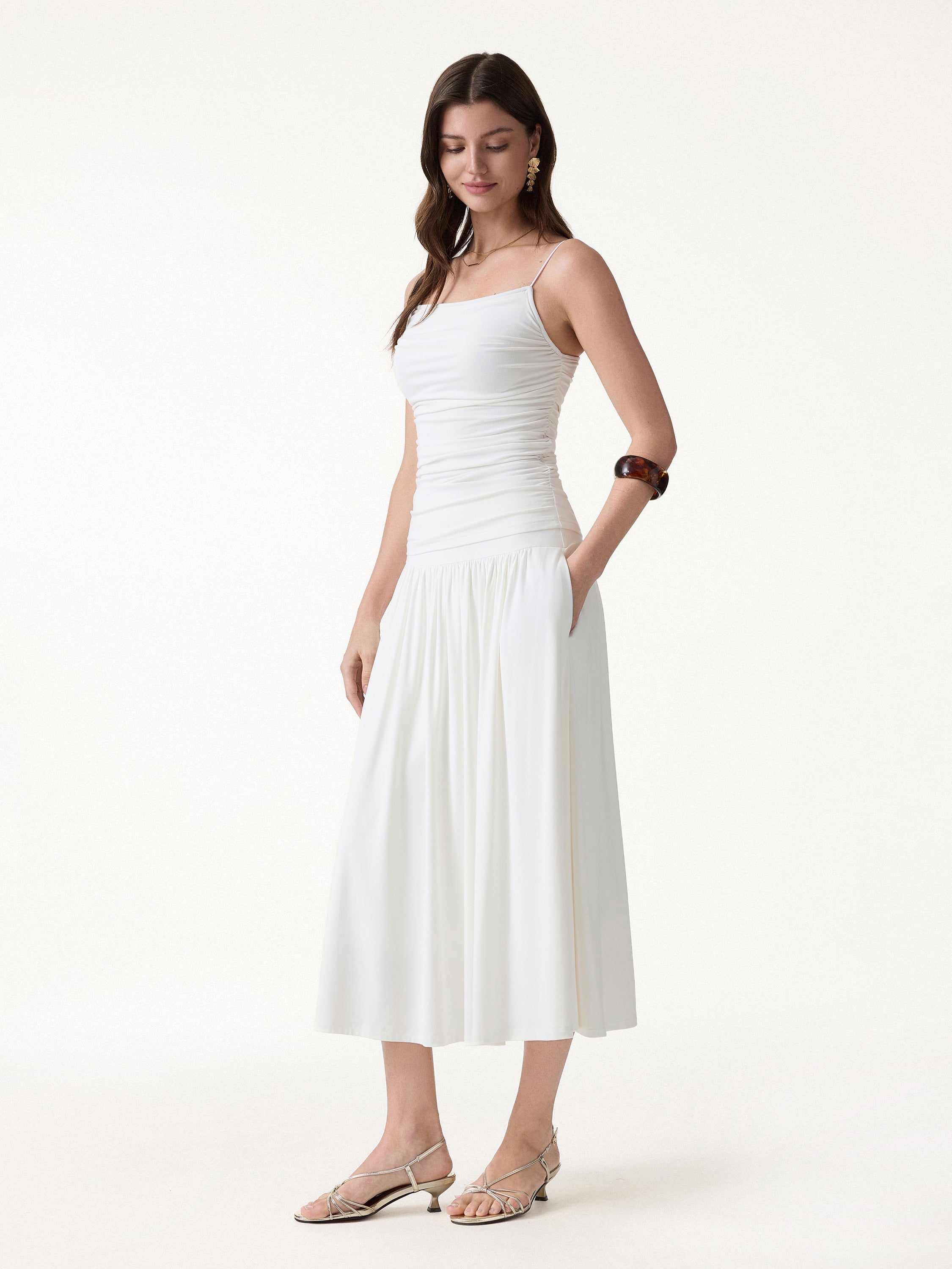 2Pcs Set Spaghetti Bra Top & Mid Rise Gathered Midi Skirt with Pockets
