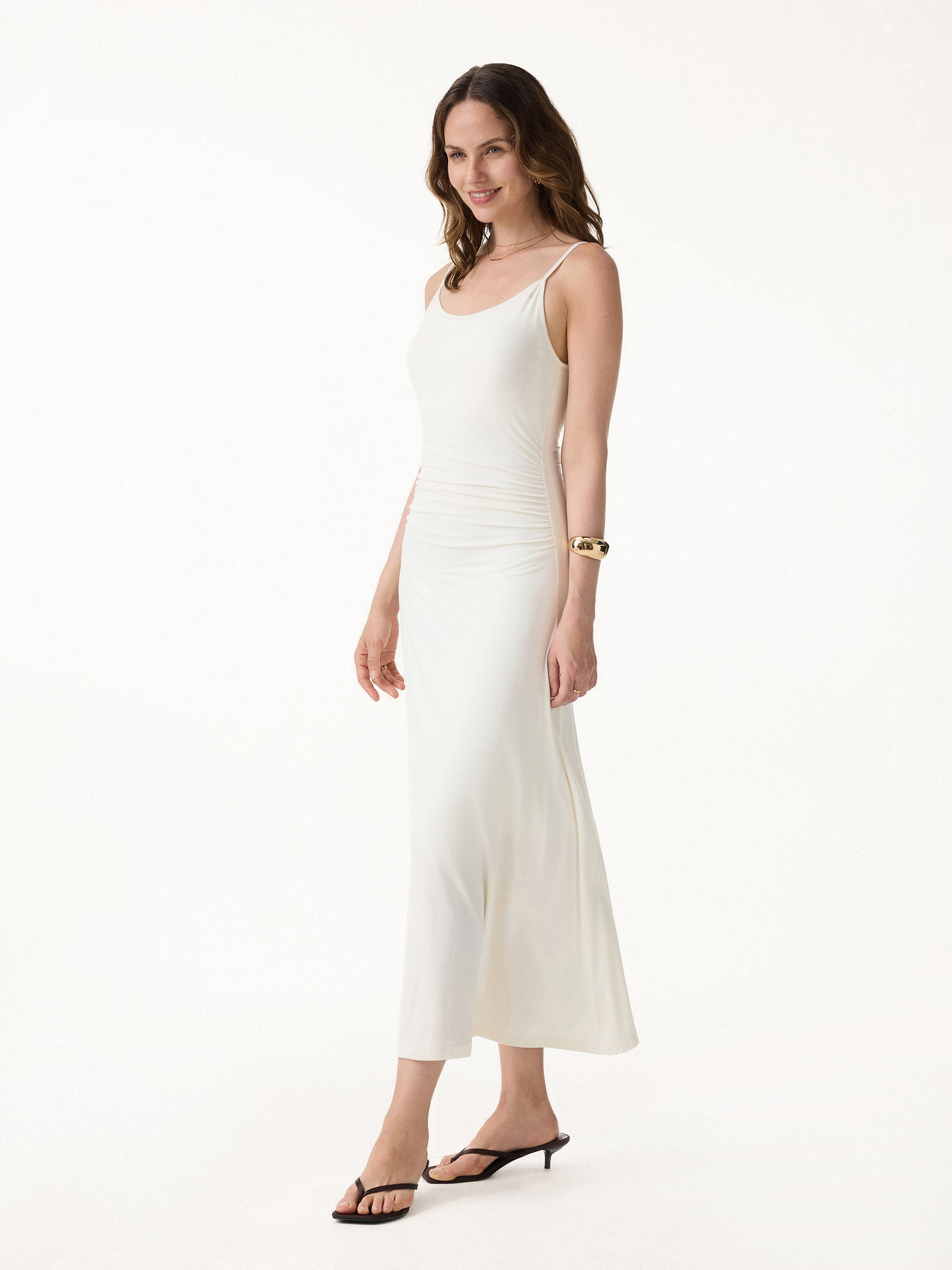 Cooling Lyocell Adjustable Spaghetti Strap Ruched Maxi Bra Dress