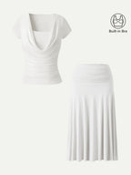 2Pcs Set Cowl Neck Ruched Bra Top & Side Ruched A-line Midi Skirt
