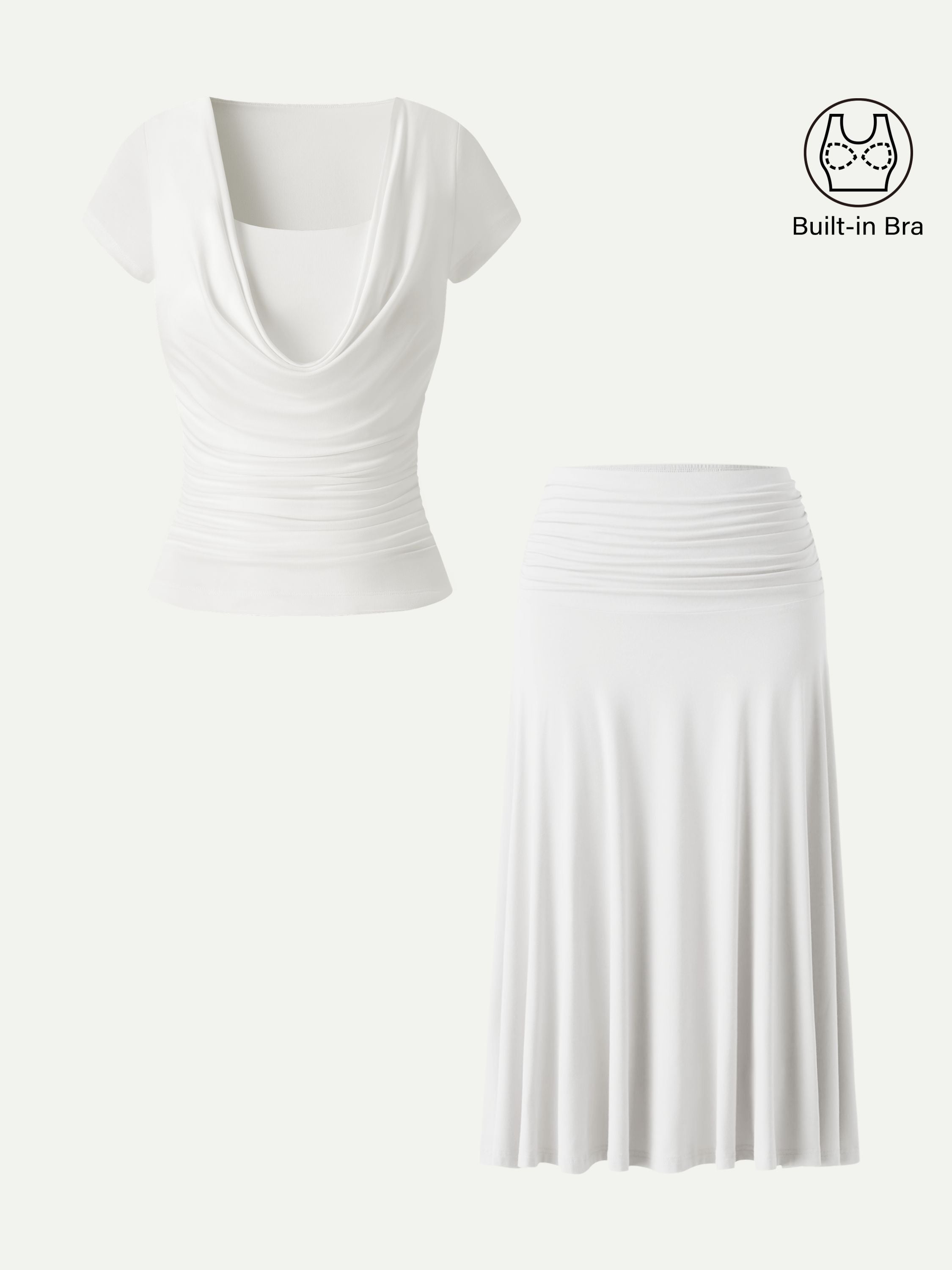 2Pcs Set Cowl Neck Ruched Bra Top & Side Ruched A-line Midi Skirt