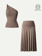 2Pcs Set One Shoulder Twisted Bra Tank & Side Ruched A-line Midi Skirt