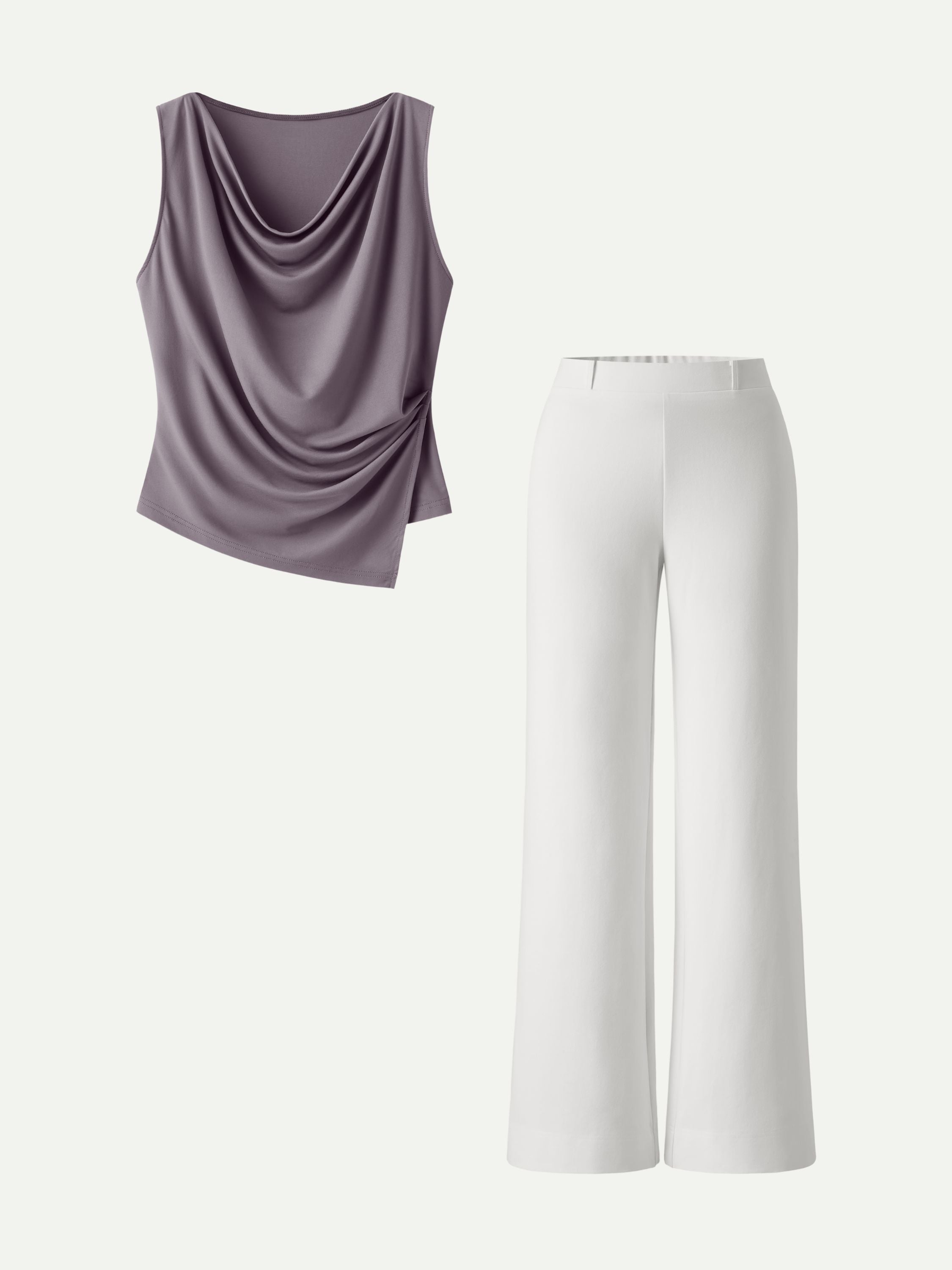 2Pcs Set Cowl Asymmetrical Tucked Top & Wide Leg Pant with Pockets