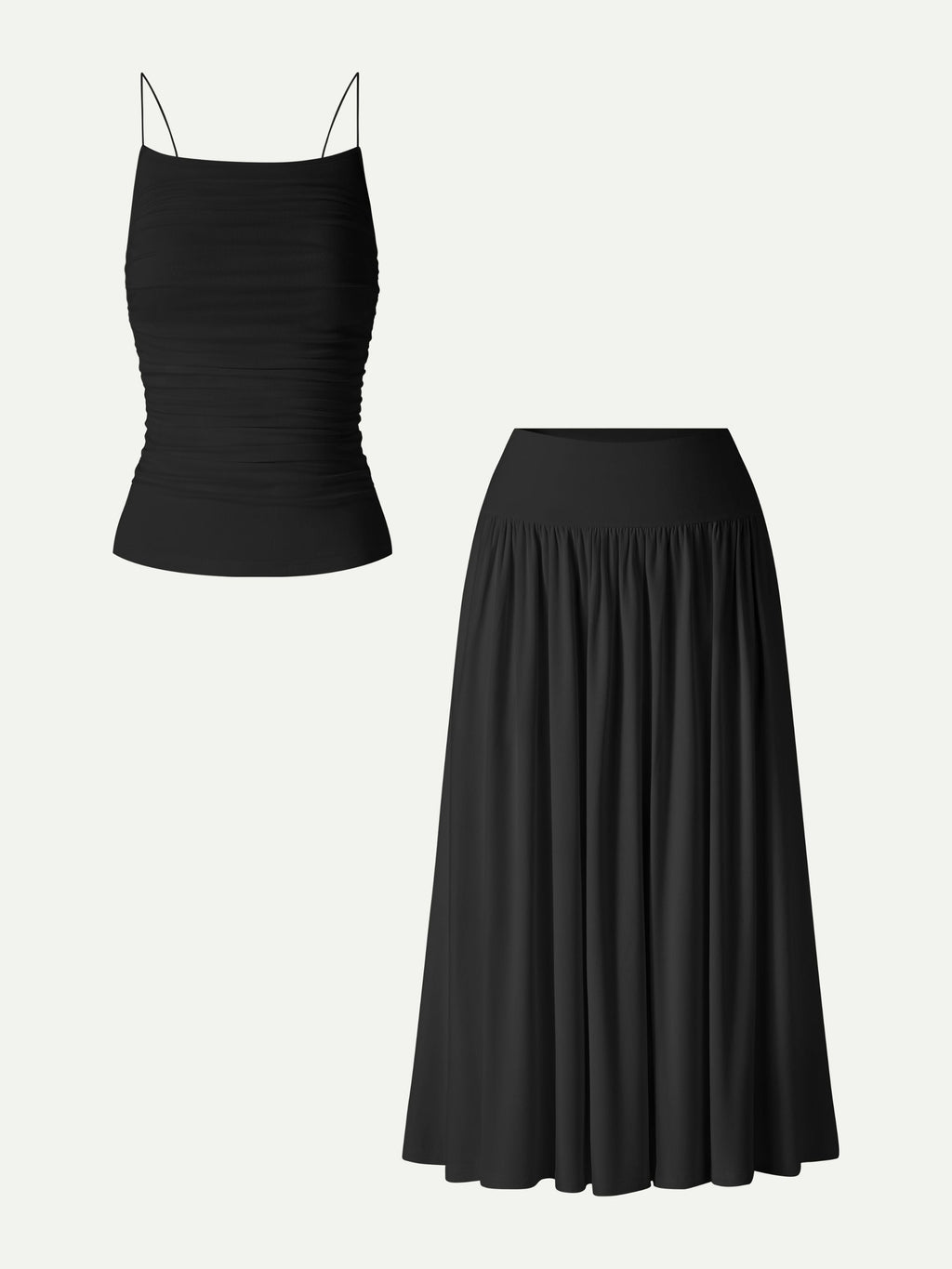 2Pcs Set Spaghetti Bra Top & Mid Rise Gathered Midi Skirt with Pockets