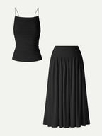 2Pcs Set Spaghetti Bra Top & Mid Rise Gathered Midi Skirt with Pockets