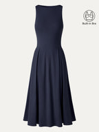 Boatneck Pleated Fit-and-Flare Midi Bra Dress with Pockets