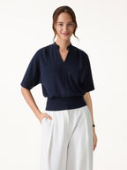 2Pcs Set Stand Collar V-Neck Top & Wrinkle-Resistant Tapered Pant