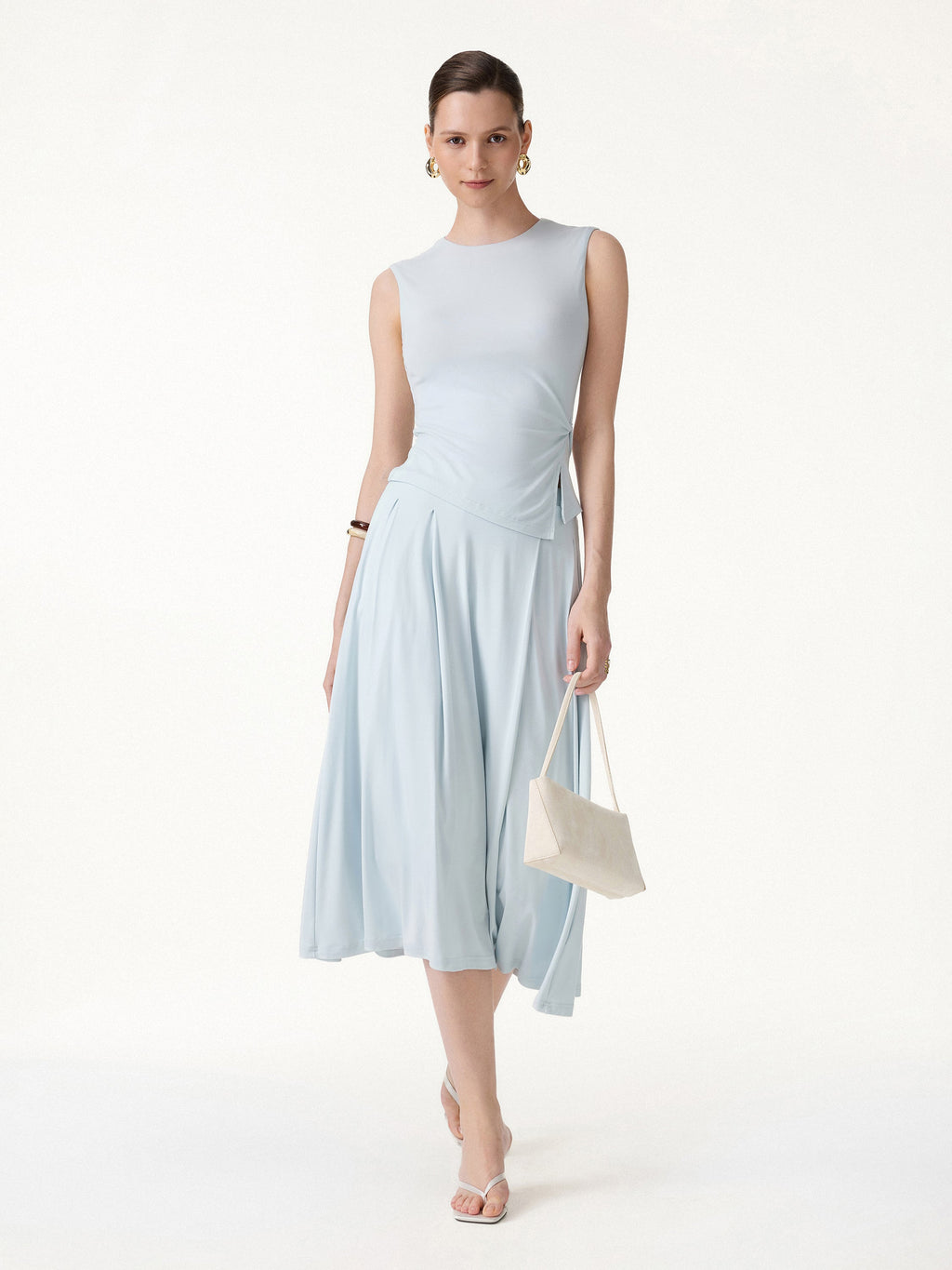 2Pcs Set Round Neck Twisted Bra Tank with Slit& Midi Skirt with Pockets