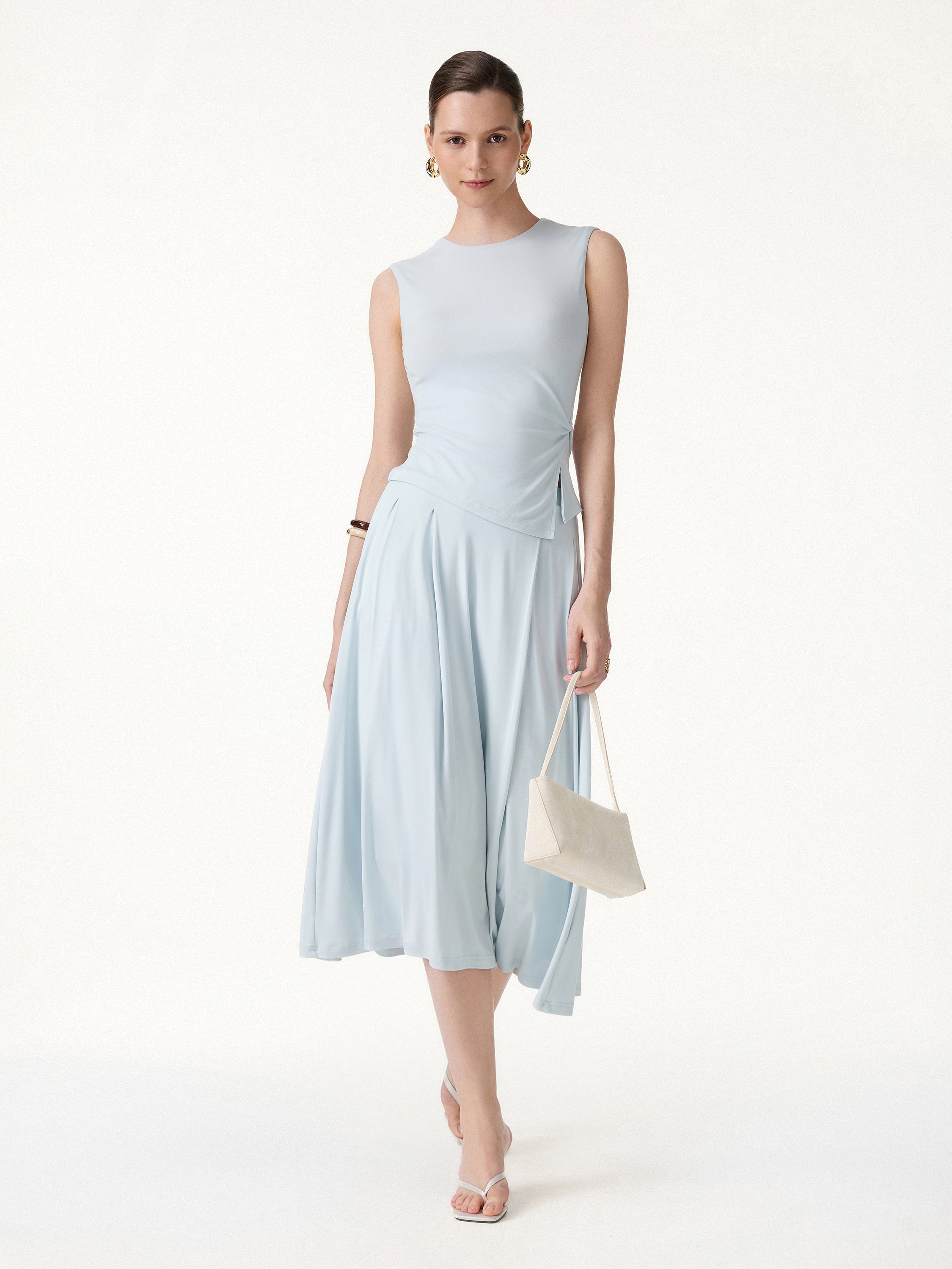 2Pcs Set Round Neck Twisted Bra Tank with Slit& Midi Skirt with Pockets