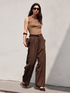 2Pcs Set Boatneck Relaxed Top & Wide Leg Pant with Pockets