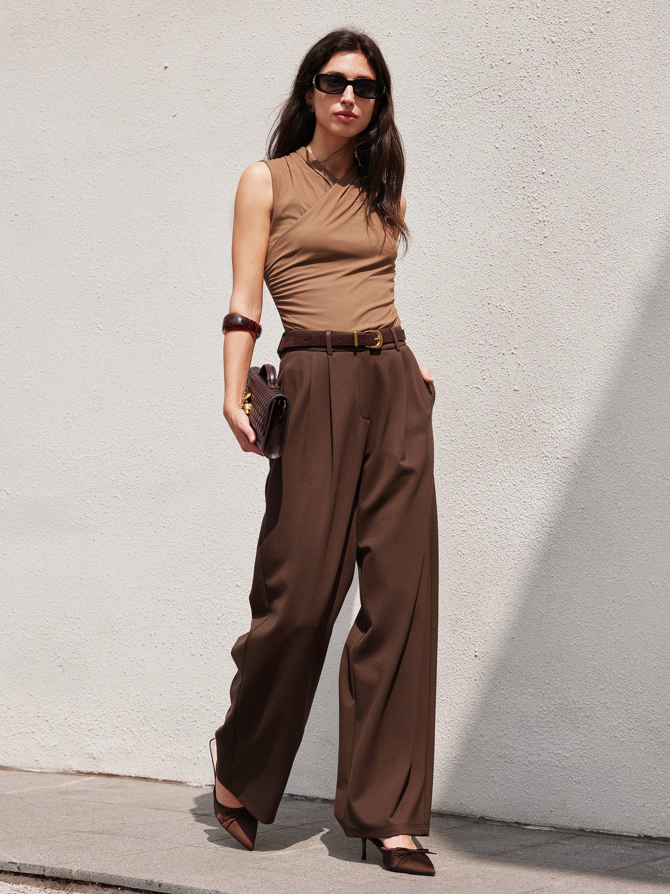 2Pcs Set Boatneck Relaxed Top & Wide Leg Pant with Pockets
