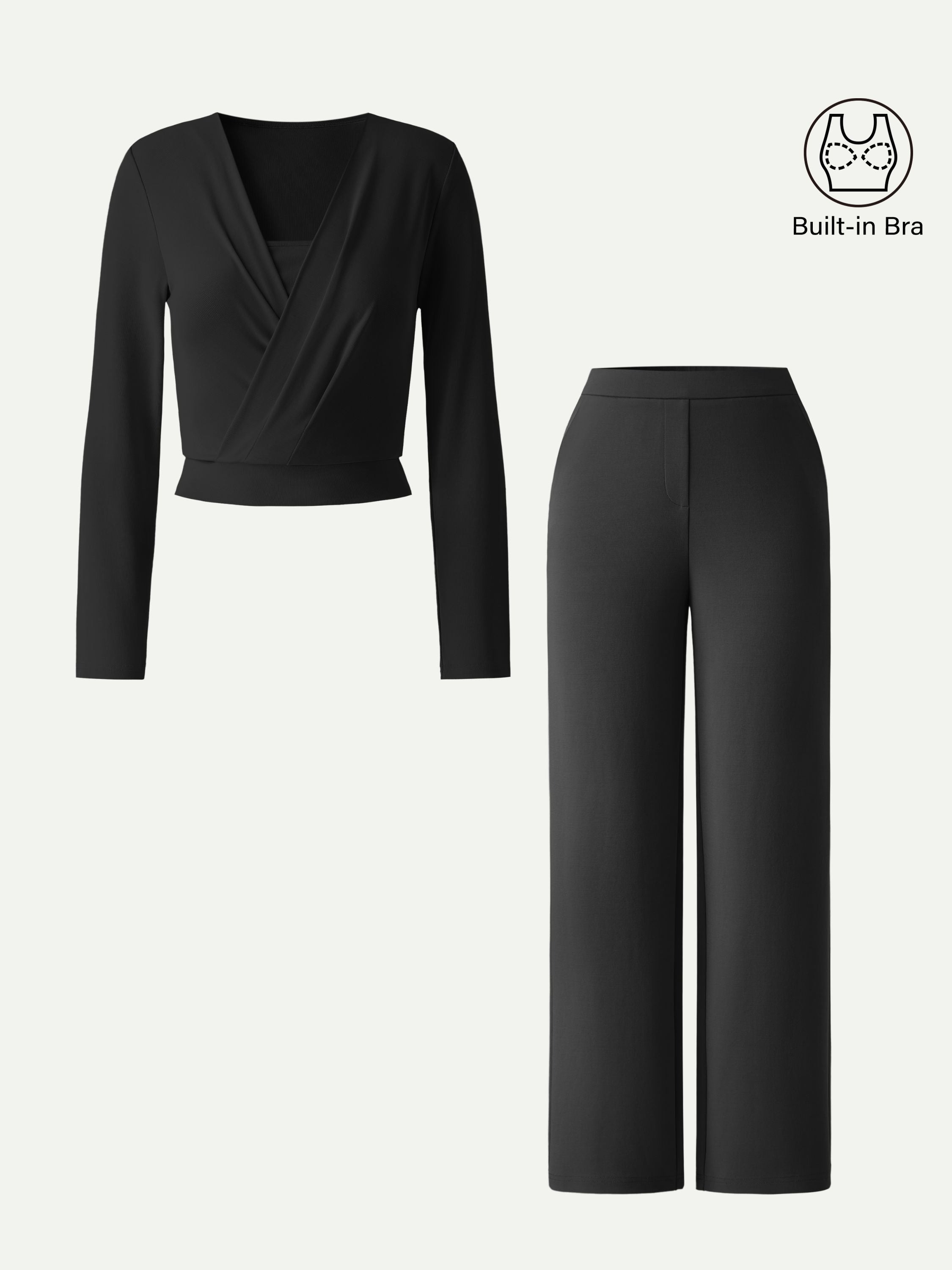 2Pcs Set Modal 2-in-1 Wrap Bra Top & Straight Leg Pull-on Travel Pant