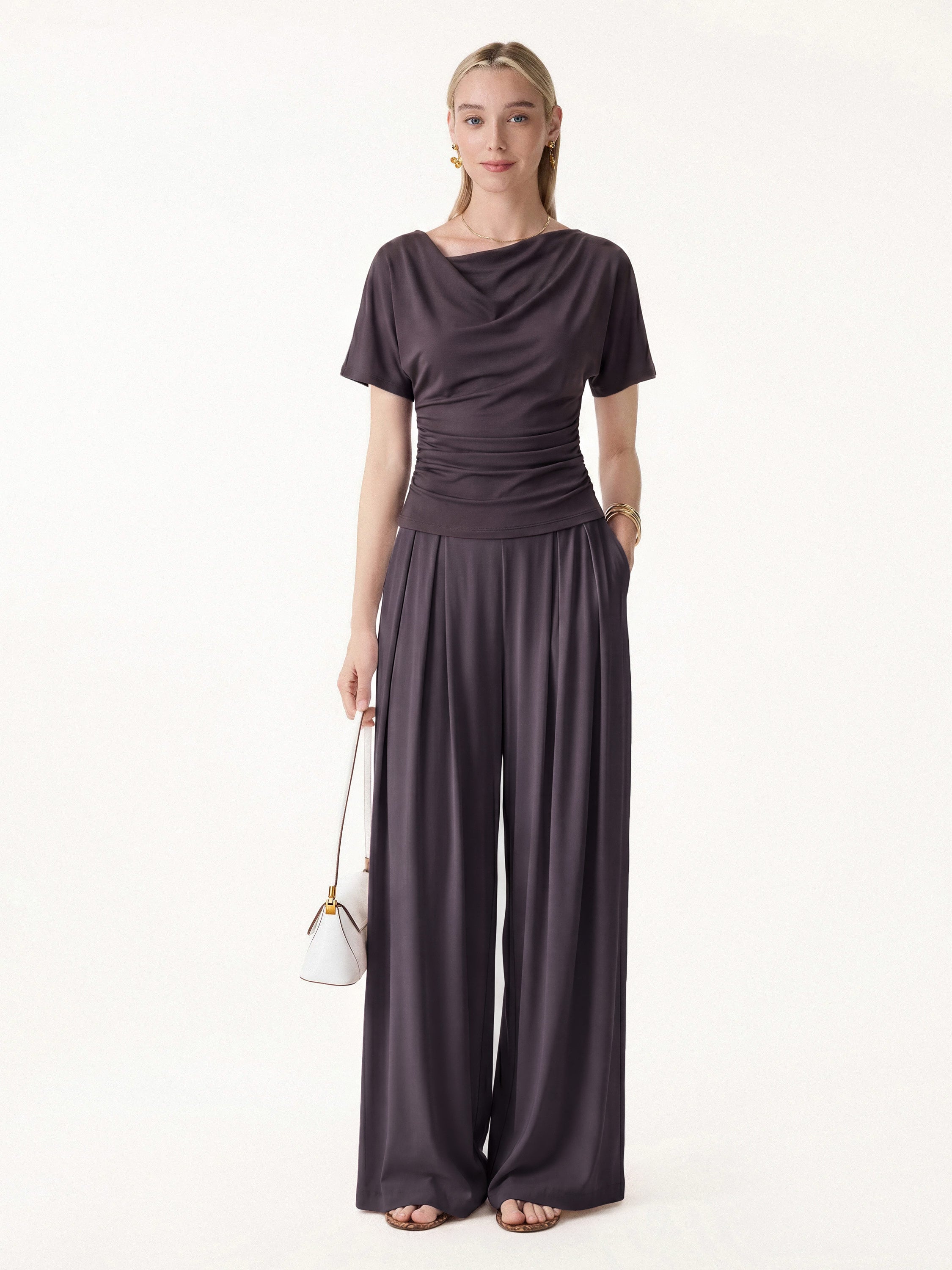 2Pcs Set Cowl Neck Ruched Top & Wide Leg Palazzo Pant with Pockets