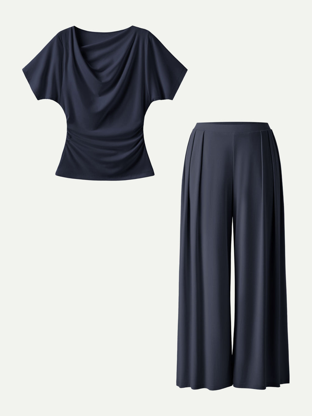 2Pcs Set Cowl Neck Ruched Top & Wide Leg Palazzo Pant with Pockets