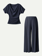 2Pcs Set Cowl Neck Ruched Top & Wide Leg Palazzo Pant with Pockets