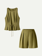 2Pcs Set Pleated Self-Tie Top & Tailored Shorts with Pockets